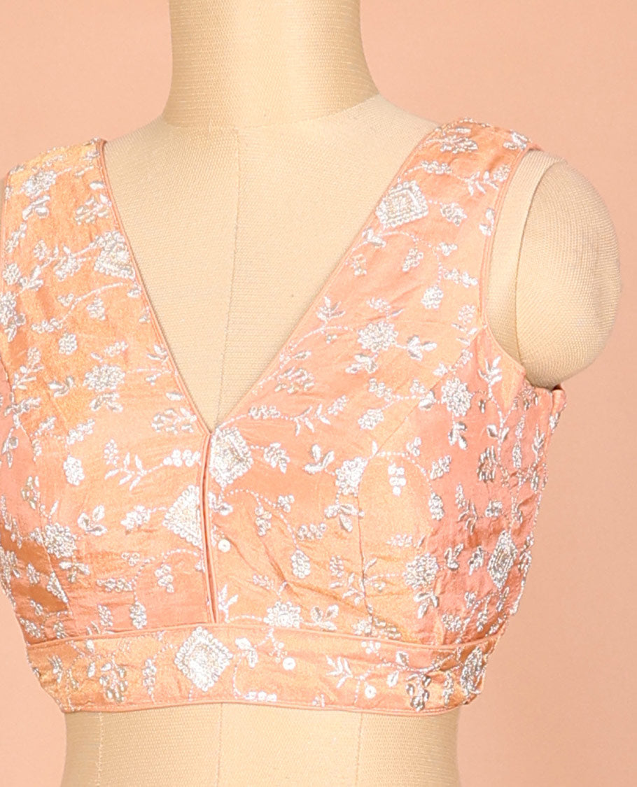 Orange floral vine design thread embroidered front and back deep v-neck sleeveless raw-silk readymade blouse