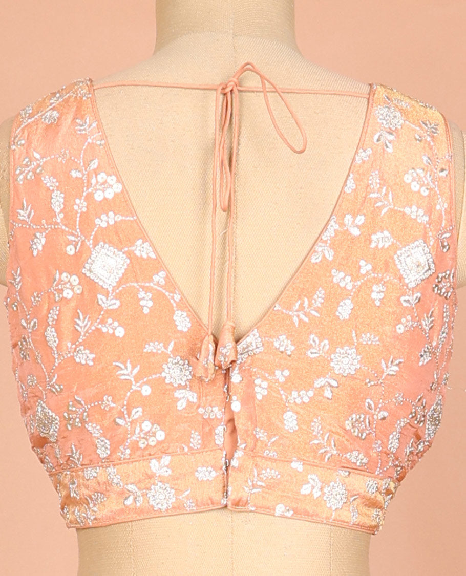 Orange floral vine design thread embroidered front and back deep v-neck sleeveless raw-silk readymade blouse