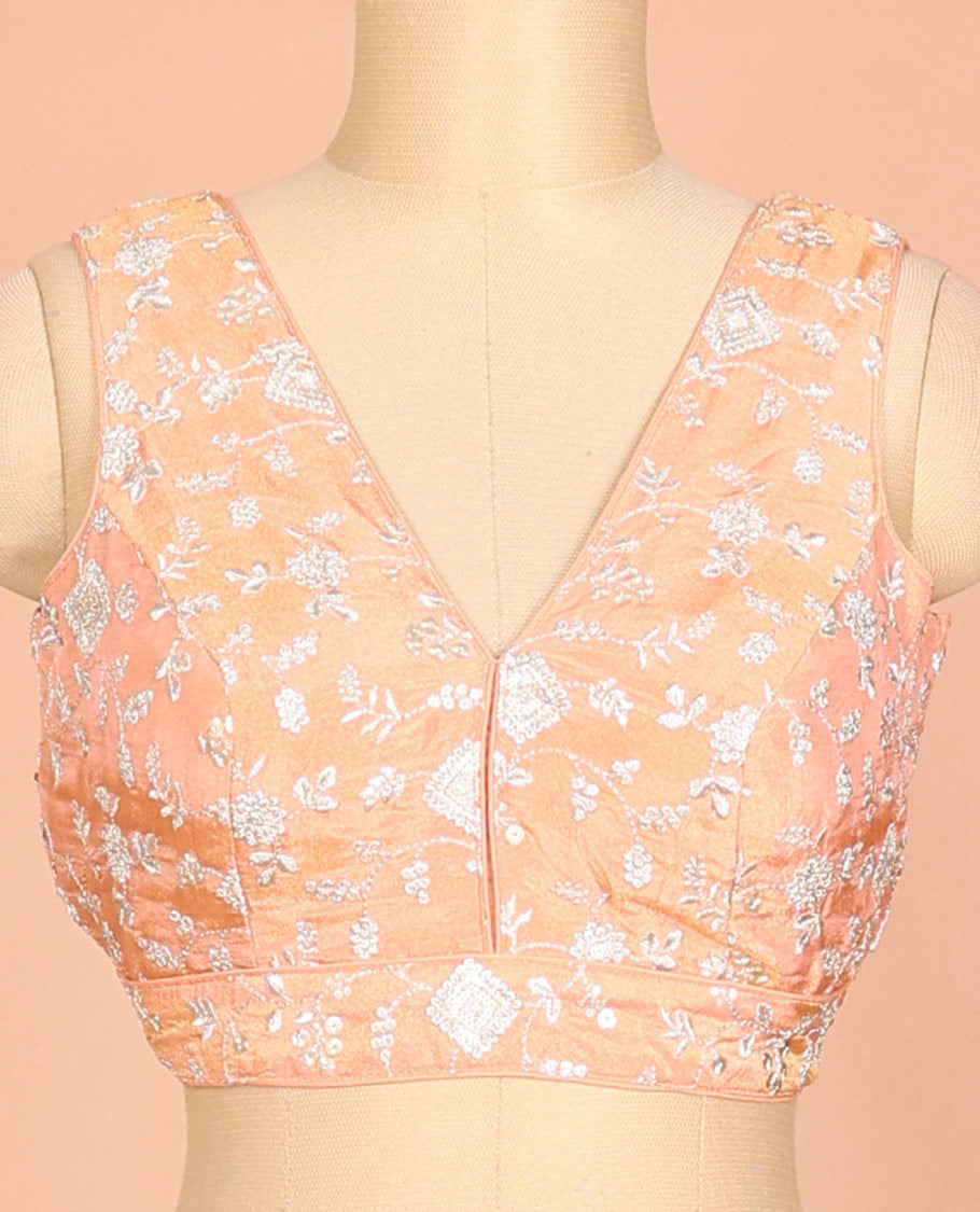 Orange floral vine design thread embroidered front and back deep v-neck sleeveless raw-silk readymade blouse