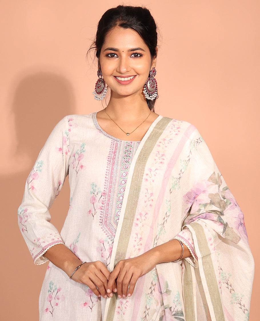 White-Base Cotton Readymade Suit