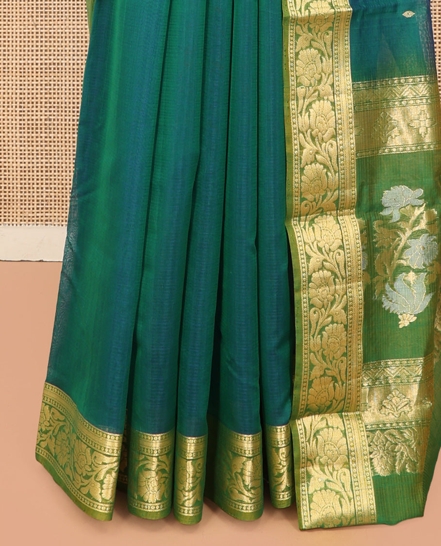 Green Silk Cotton Saree, Delicately Woven with Zari Buttas, a Contrast Floral Creeper Border, Floral Pallu, and a Contrast Blouse