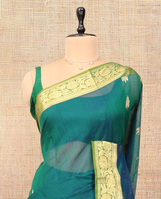Green Silk Cotton Saree, Delicately Woven with Zari Buttas, a Contrast Floral Creeper Border, Floral Pallu, and a Contrast Blouse