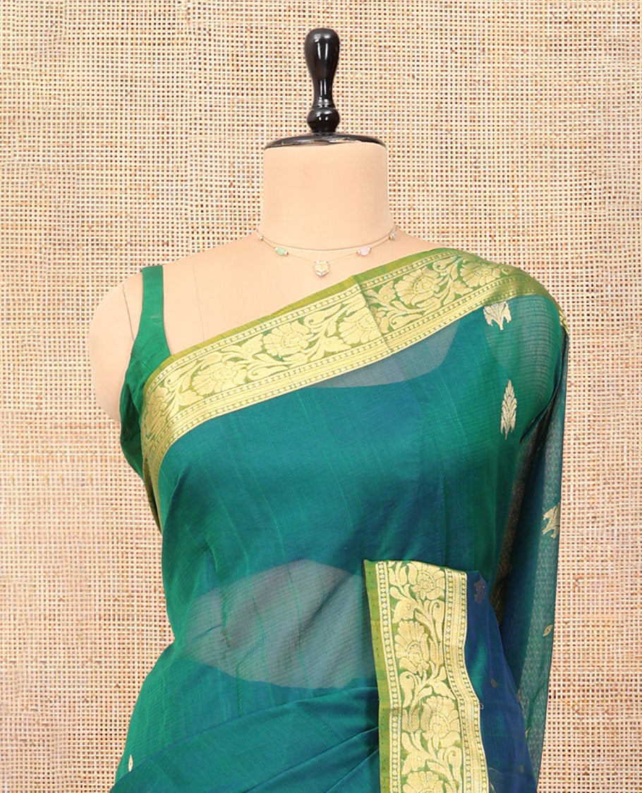 Green Silk Cotton Saree, Delicately Woven with Zari Buttas, a Contrast Floral Creeper Border, Floral Pallu, and a Contrast Blouse