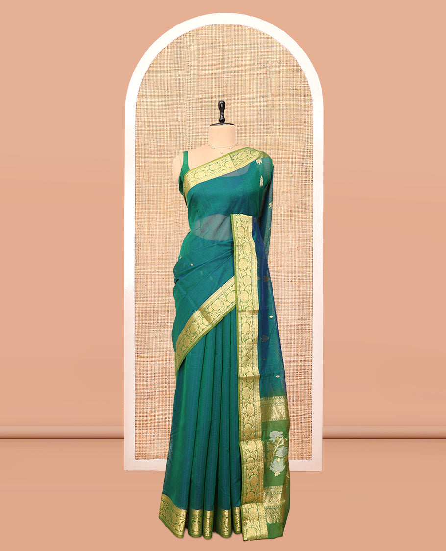 Green Silk Cotton Saree, Delicately Woven with Zari Buttas, a Contrast Floral Creeper Border, Floral Pallu, and a Contrast Blouse