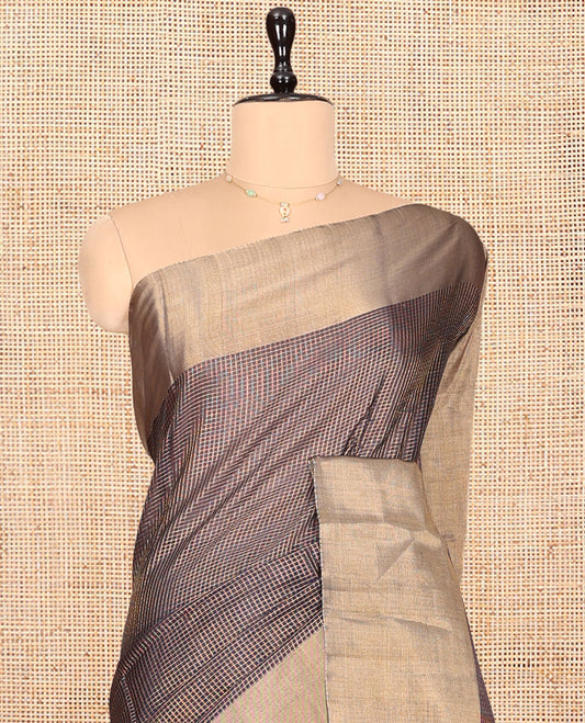 Grey Silk Cotton Saree, Majestically Detailed with Micro-Checks, a Gleaming Bavanji Border, Pallu of Temple Designs, and a Matching Blouse