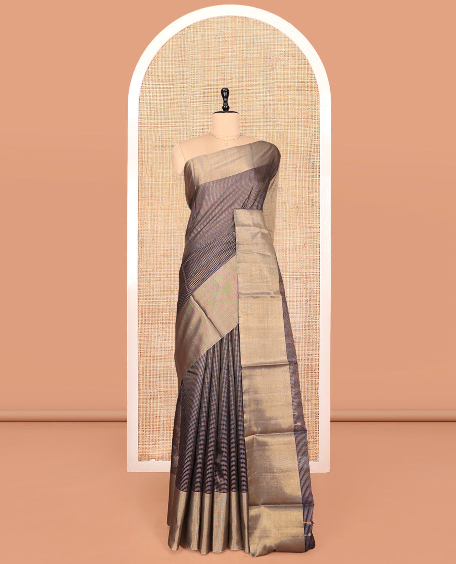 Grey Silk Cotton Saree, Majestically Detailed with Micro-Checks, a Gleaming Bavanji Border, Pallu of Temple Designs, and a Matching Blouse