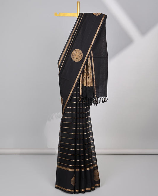 Black striped cotton silk saree with self zari design border & traditional zari design pallu