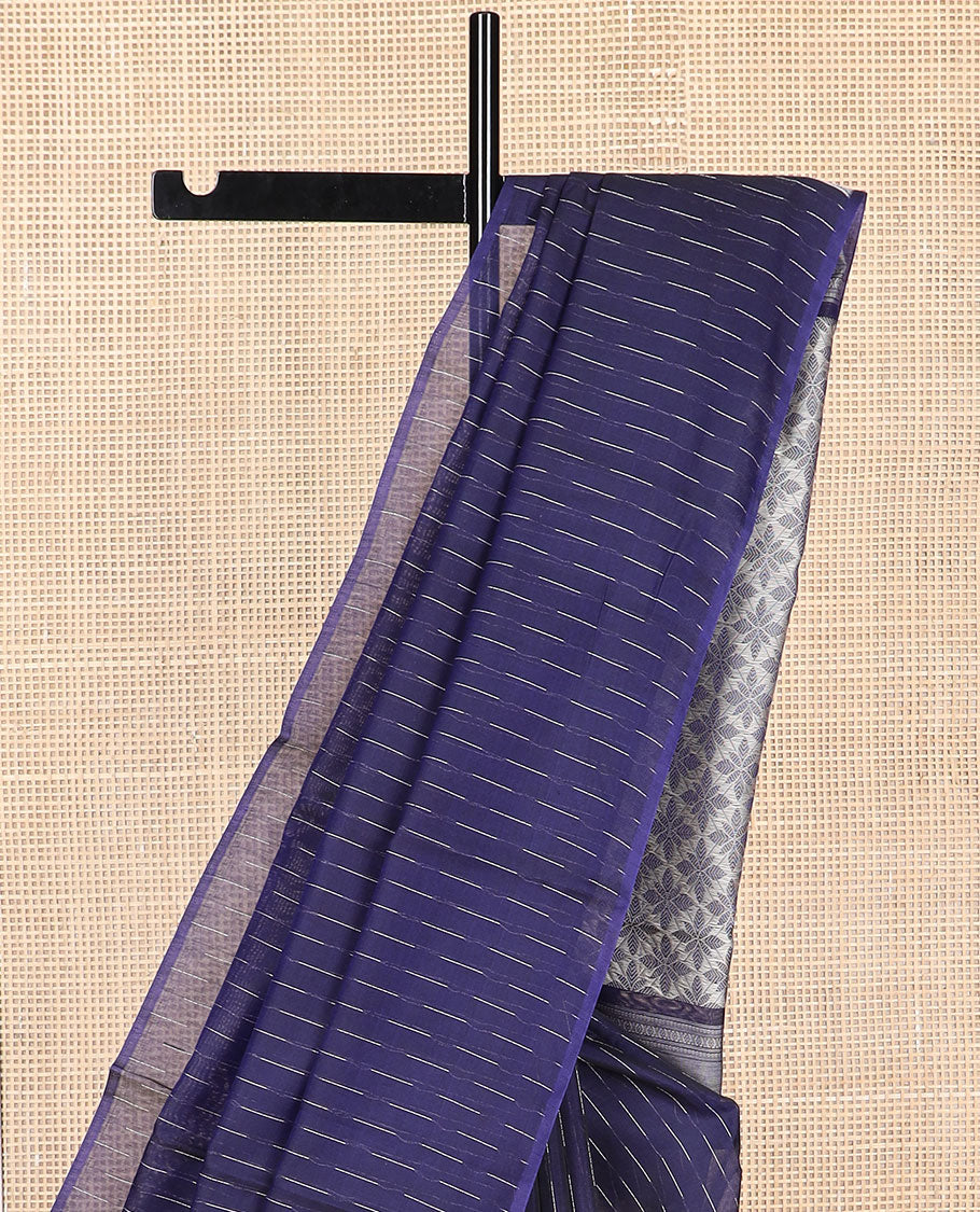 Borderless blue geometric design silk cotton saree with argyle design pallu