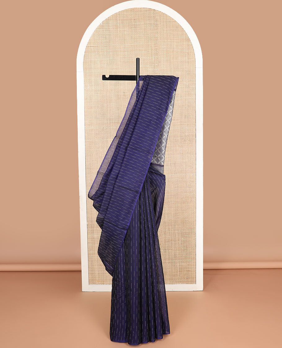 Borderless blue geometric design silk cotton saree with argyle design pallu