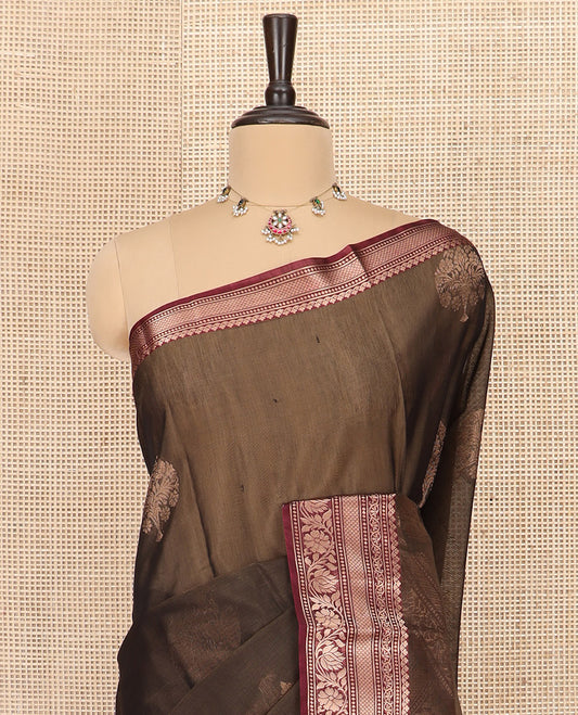 Brown Silk Cotton Saree Elevated with Zari Buttas All Over the Body, Highlighted with Contrast Traditional Zari Design Border, Pallu Featuring Geometric Designs, and Paired with a Contrast Blouse