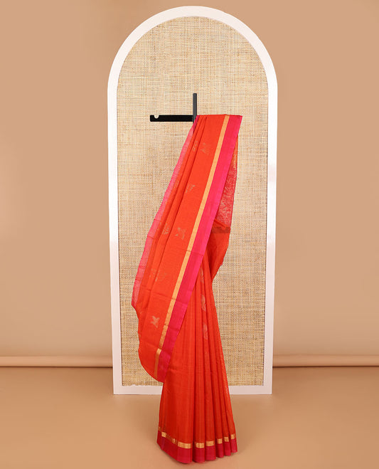 Orange motifs silk cotton saree with contrast zari border & geometric design pallu