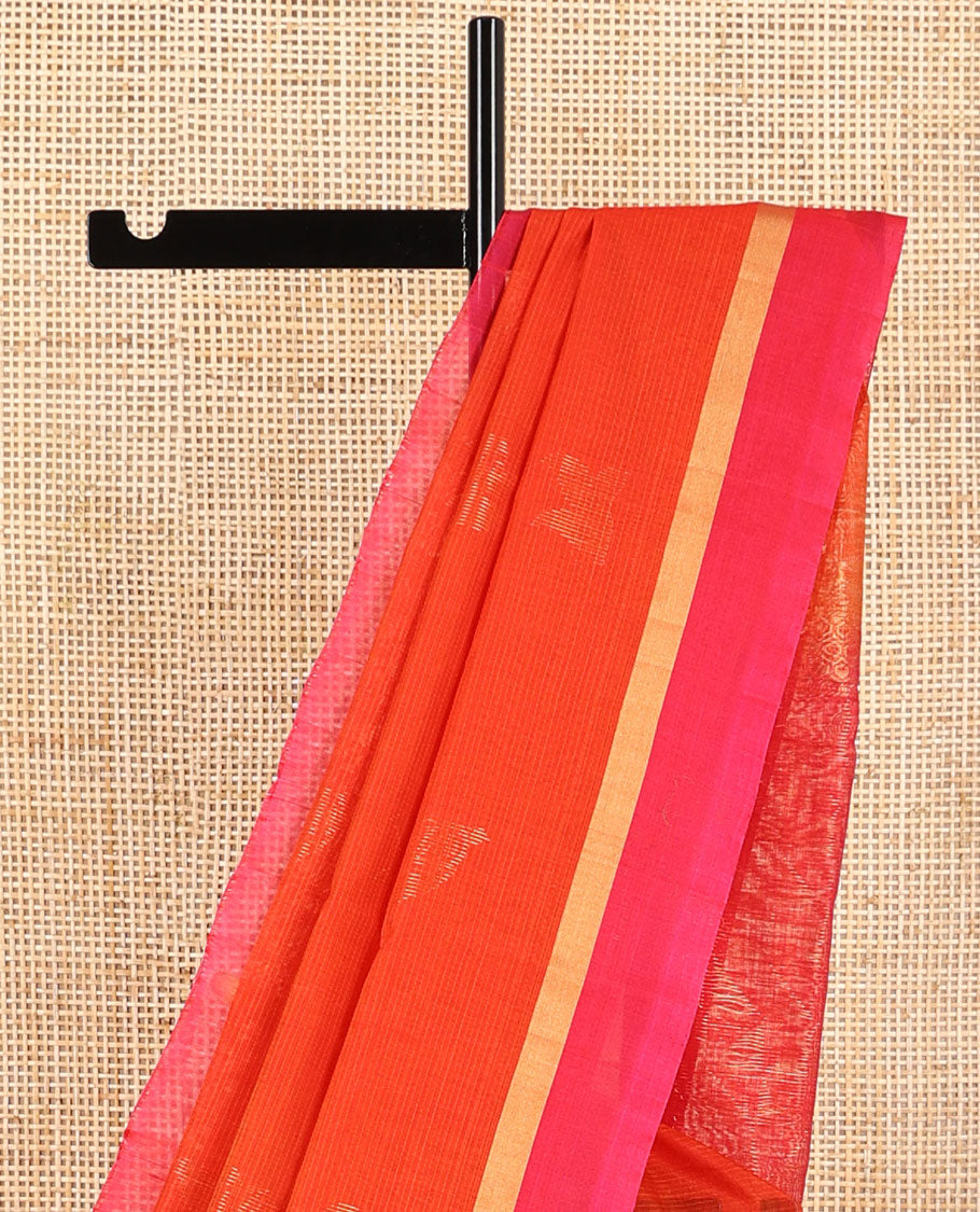 Orange motifs silk cotton saree with contrast zari border & geometric design pallu