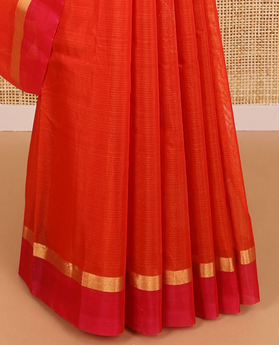 Orange motifs silk cotton saree with contrast zari border & geometric design pallu