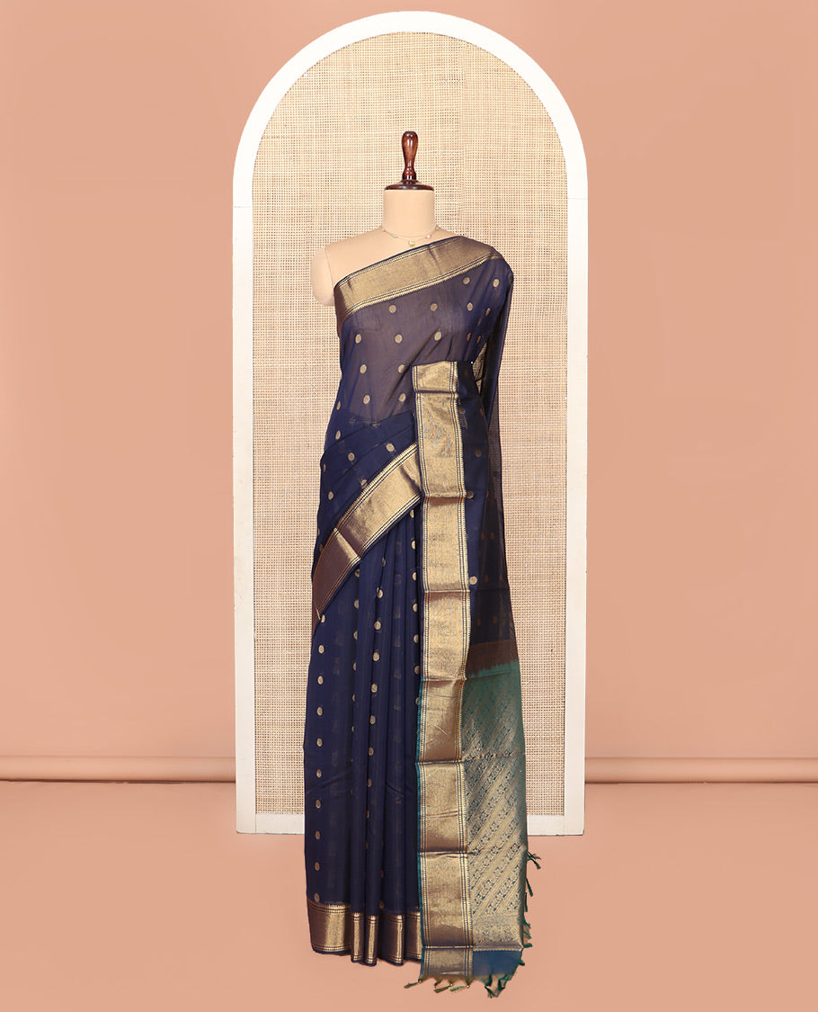 Blue Silk Cotton Saree, Highlighted by Zari Buttas On Its Body, Highlighted by Traditional Zari Border, Contrast Diagonally Woven Pallu and Paired with a Contrast Blouse