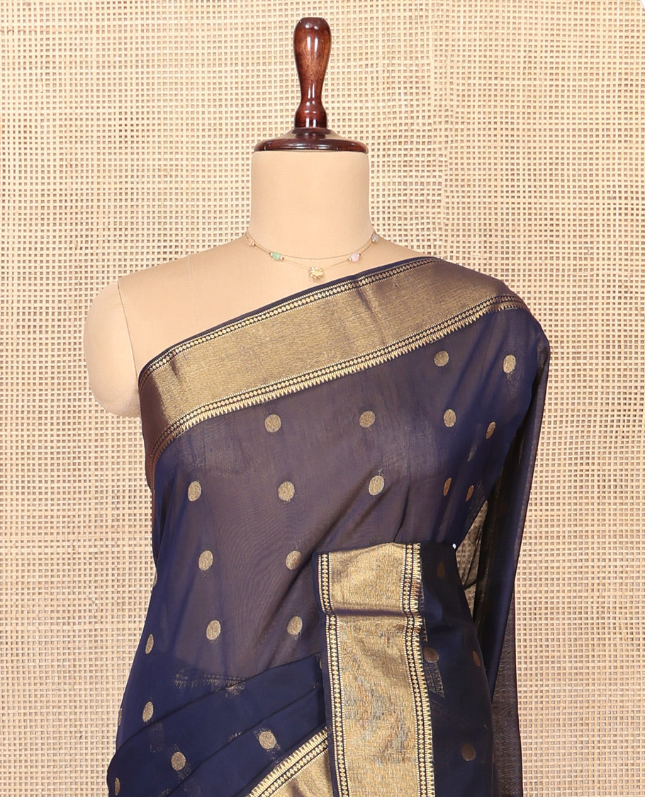 Blue Silk Cotton Saree, Highlighted by Zari Buttas On Its Body, Highlighted by Traditional Zari Border, Contrast Diagonally Woven Pallu and Paired with a Contrast Blouse