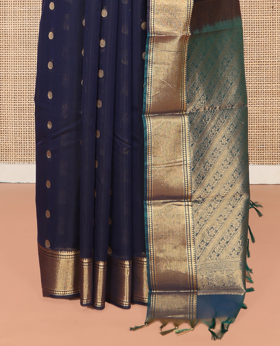 Blue Silk Cotton Saree, Highlighted by Zari Buttas On Its Body, Highlighted by Traditional Zari Border, Contrast Diagonally Woven Pallu and Paired with a Contrast Blouse