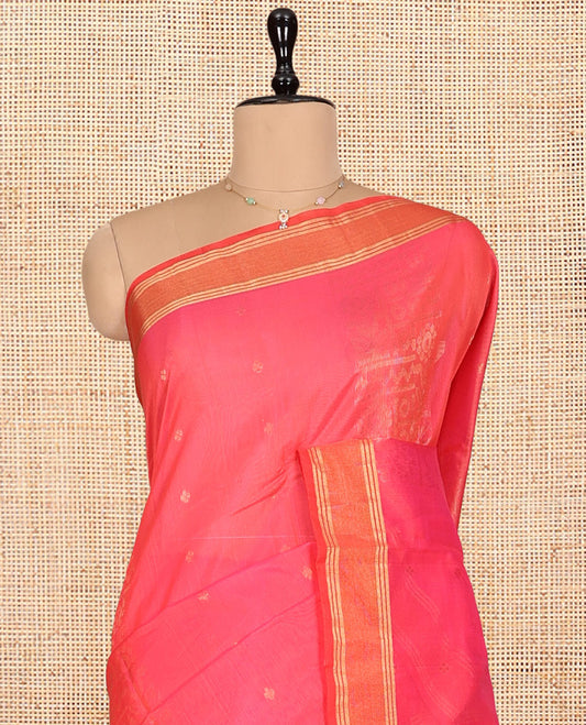 Pink Silk Cotton Saree, Decorated with Zari Buttas, Complemented by a Contrast Zari Border, Intricate Pallu, and a Contrast Blouse