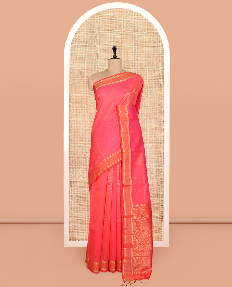 Pink Silk Cotton Saree, Decorated with Zari Buttas, Complemented by a Contrast Zari Border, Intricate Pallu, and a Contrast Blouse