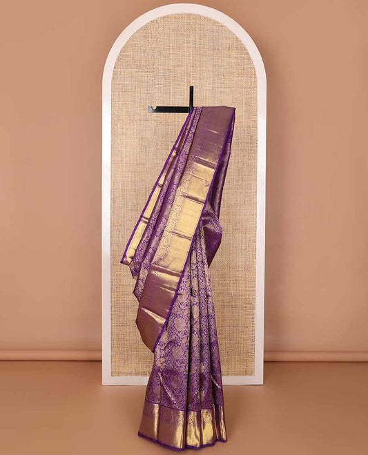 Violet floral design silk saree with self border of thilakam mokku, muthu, kodi visiry, banaras design & floral pallu
