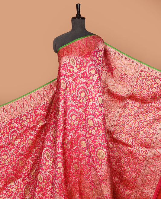 Red floral jaal jacquard silk saree, intricate zari border & pallu decked up with floral jaal design
