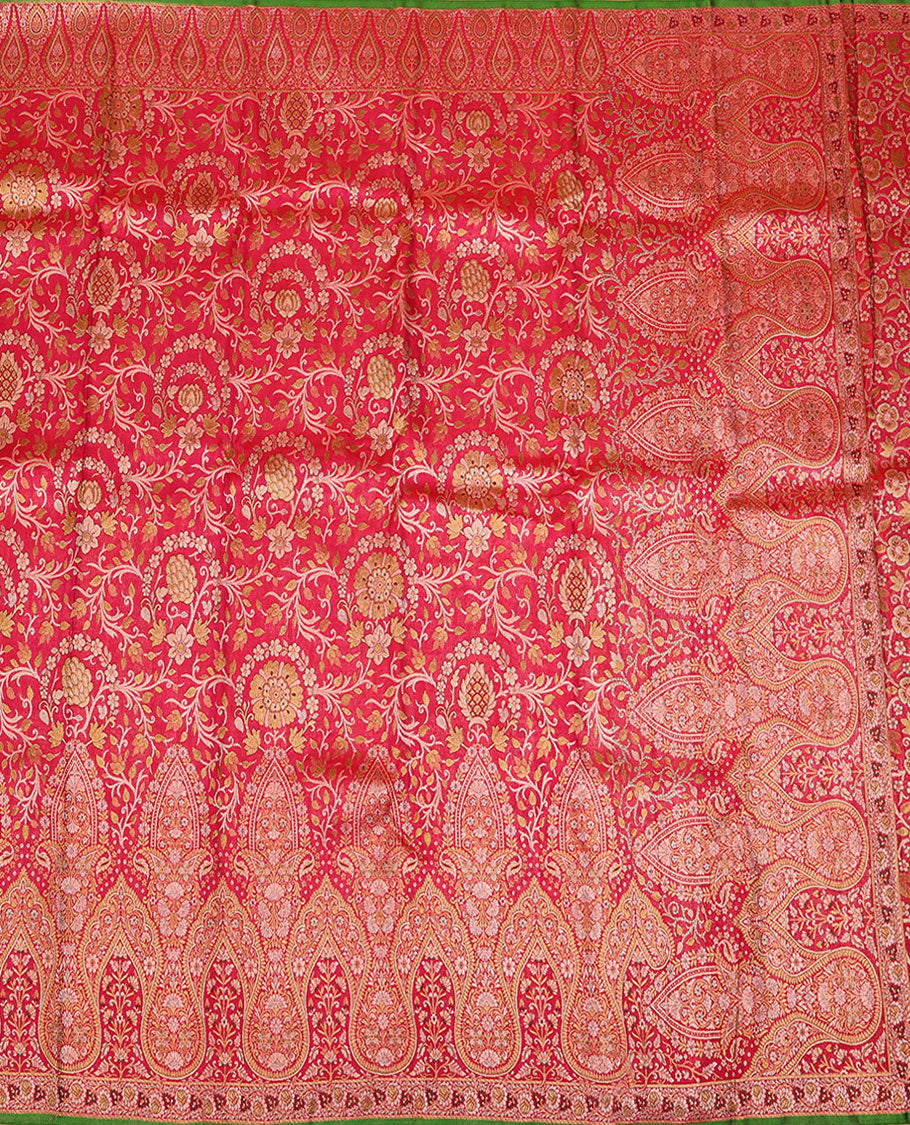 Red floral jaal jacquard silk saree, intricate zari border & pallu decked up with floral jaal design