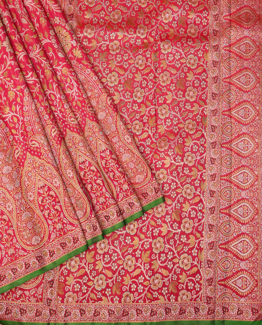 Red floral jaal jacquard silk saree, intricate zari border & pallu decked up with floral jaal design