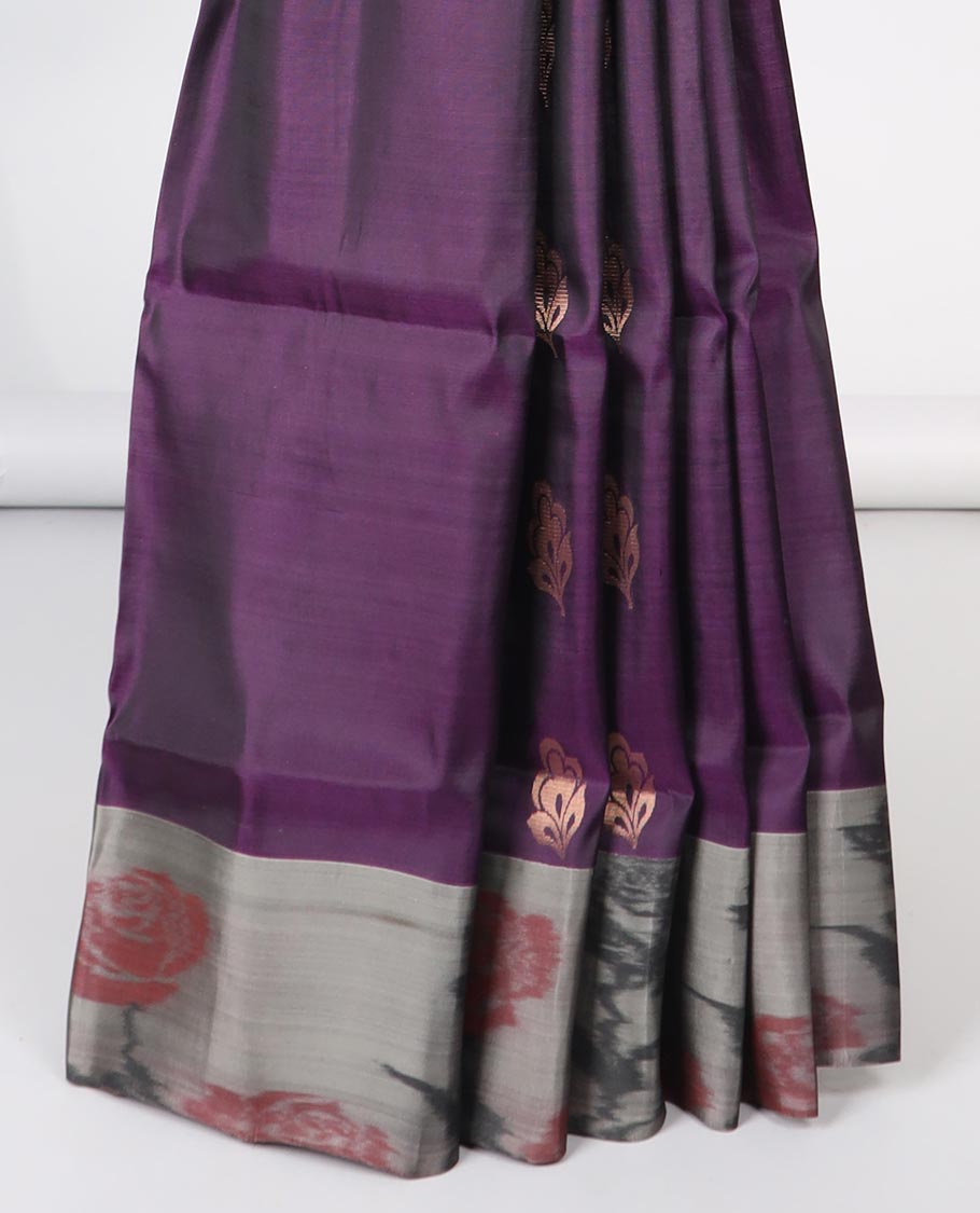 Purple floral motifs semi-soft silk saree with contrast border & floral vine design pallu
