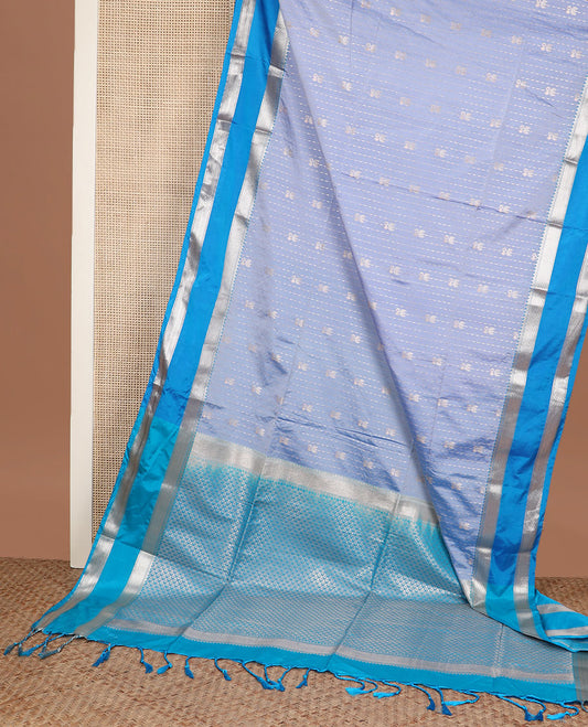 Blue zari designs soft silk saree, contrast traditional zari border, and jaal pallu