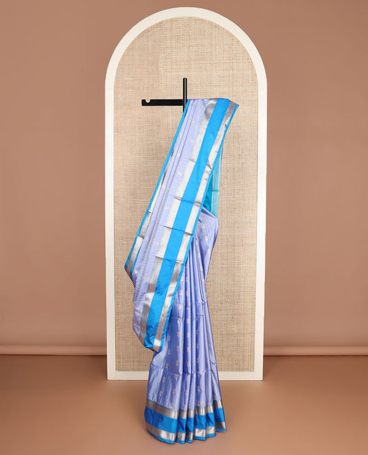 Blue zari designs soft silk saree, contrast traditional zari border, and jaal pallu