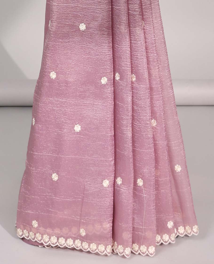 Peach crushed tissue saree with all-over floral motifs embroidered & floral scallop border