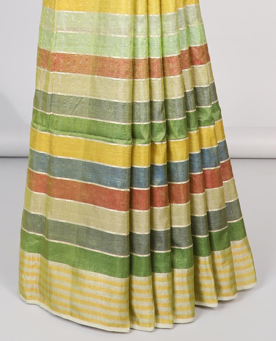 Multi-color striped tussar silk saree with contrast striped border