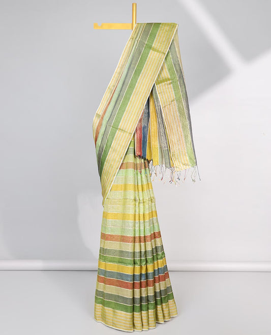 Multi-color striped tussar silk saree with contrast striped border