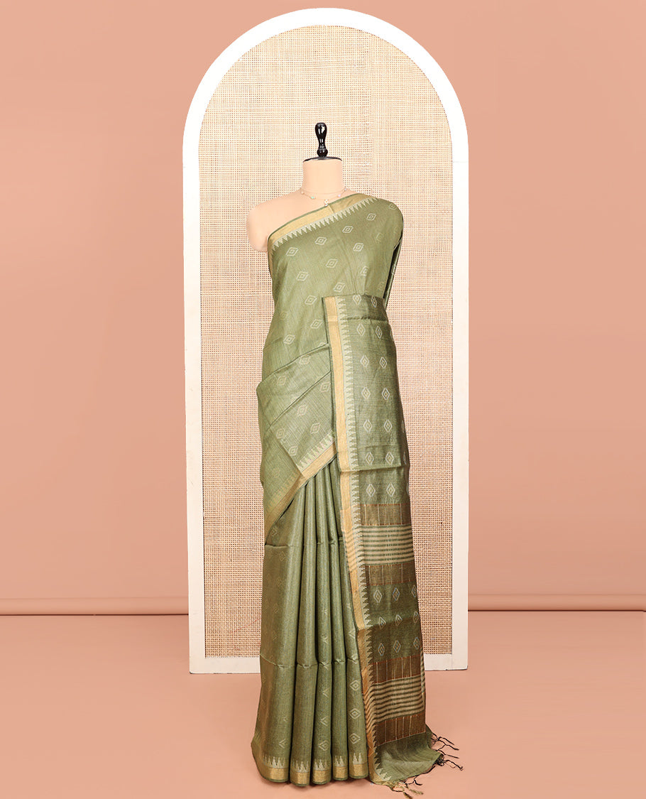Green Tussar Silk Saree, Sparsely Woven with Buttas, a Subtle Temple Border, a Self-Pallu, and a Matching Blouse