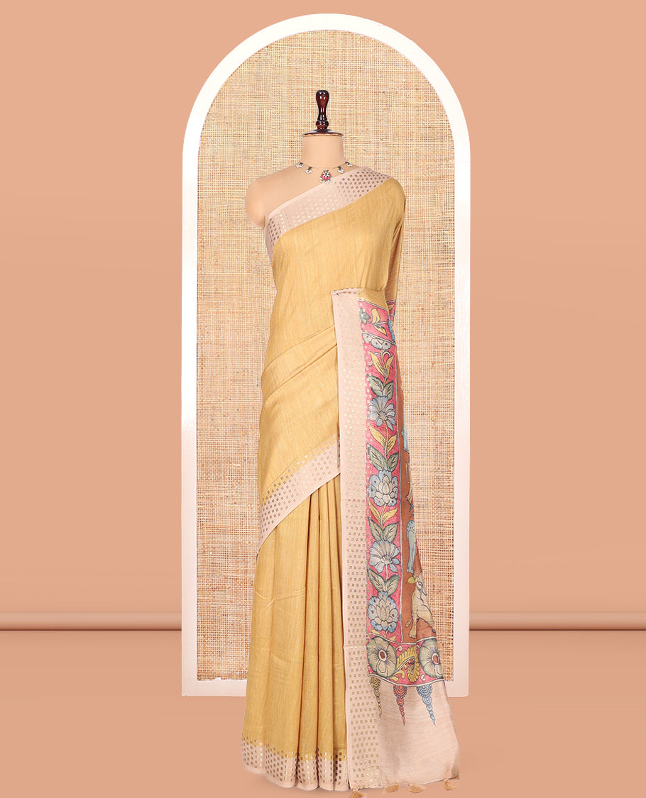 Sandal Plain Fancy Tussar Silk Saree, Contrast Triangle Motif Border, Pallu of Kalamkari Animal Motifs, and Contrast Kalamkari Printed Blouse