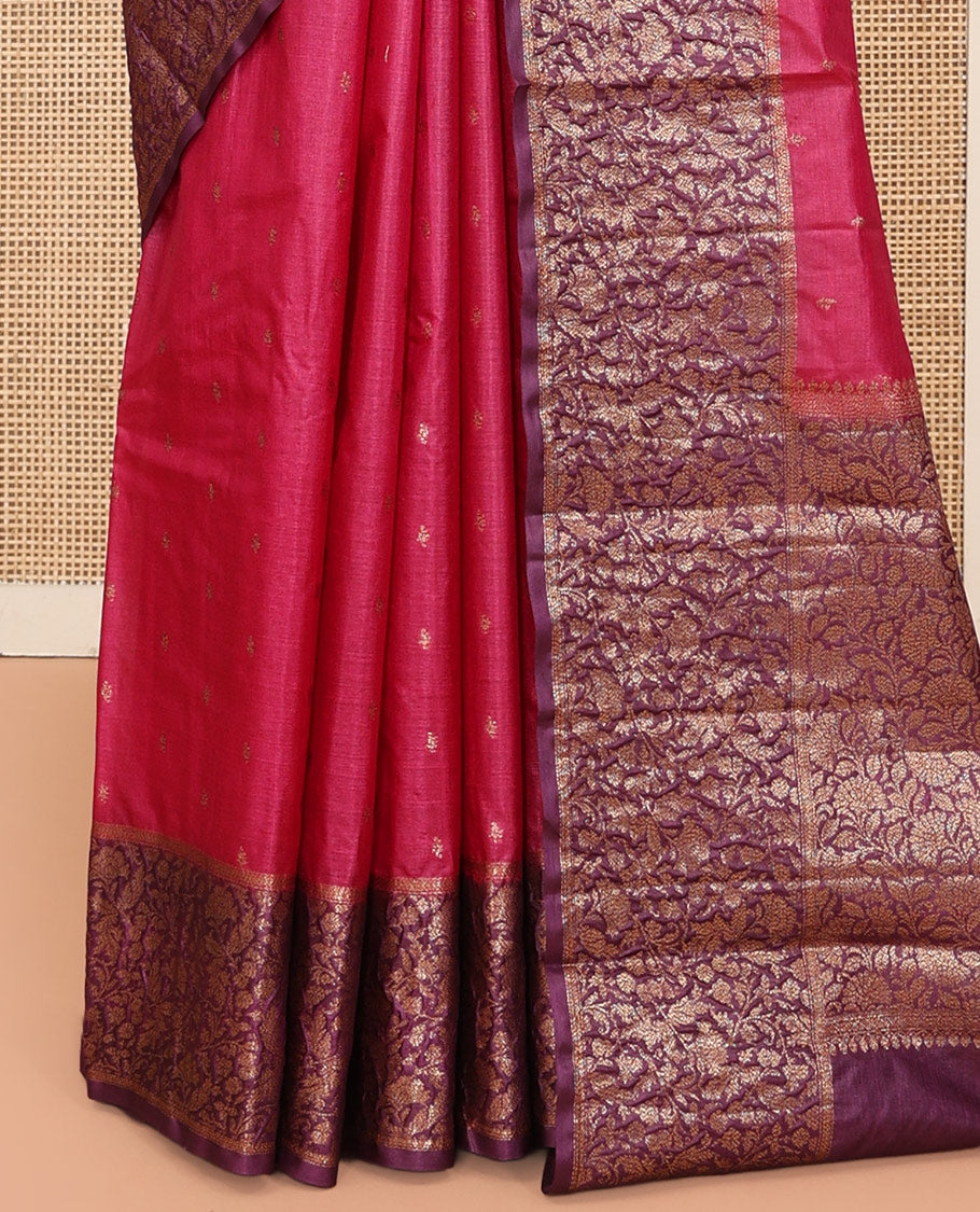 Pink Tussar Silk Saree, Accentuated with Zari Buttas, a Contrast Floral Design Border, Floral Design Pallu, and a Contrast Blouse