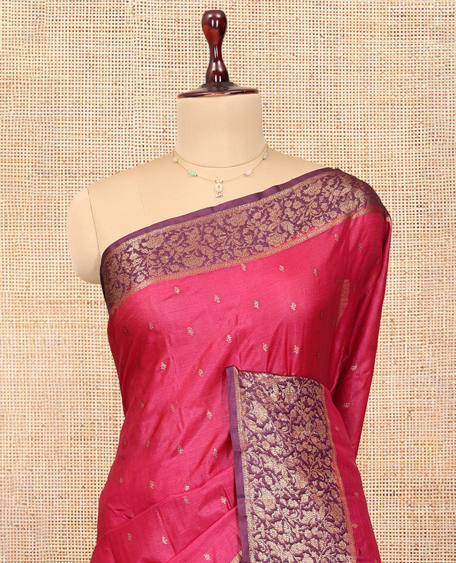 Pink Tussar Silk Saree, Accentuated with Zari Buttas, a Contrast Floral Design Border, Floral Design Pallu, and a Contrast Blouse