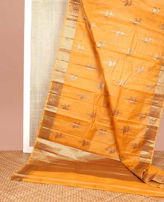 Orange floral motifs tussar silk saree with self geometric design border & geometric design pallu