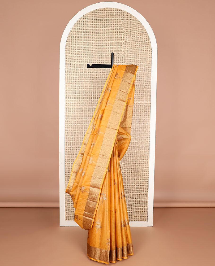 Orange floral motifs tussar silk saree with self geometric design border & geometric design pallu