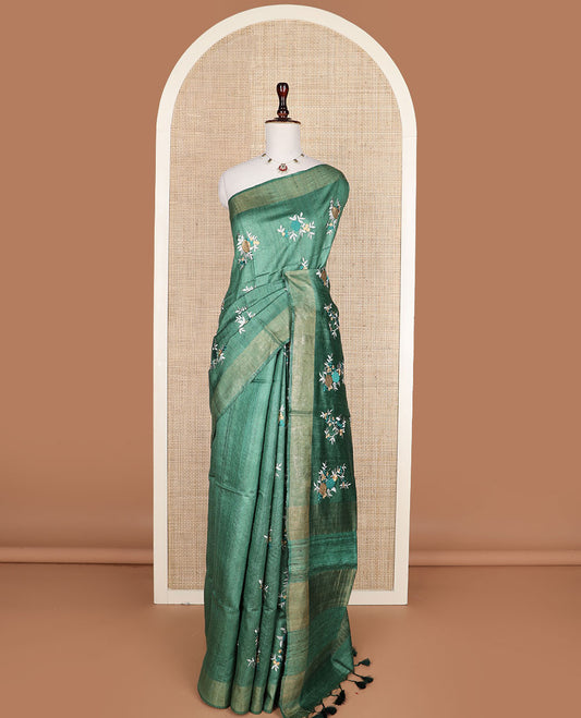Green floral motifs multi-color thread embroidered tussar silk saree, bavanji border, and striped pallu