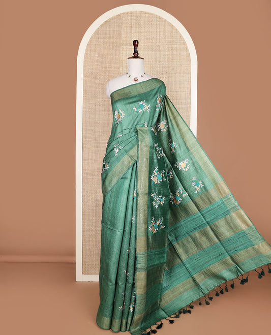 Green floral motifs multi-color thread embroidered tussar silk saree, bavanji border, and striped pallu