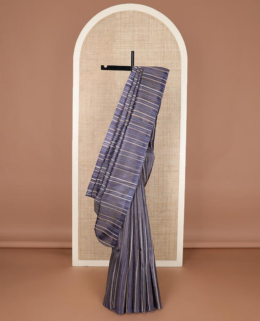 Borderless Elephant grey vertical striped tussar silk saree, temple design pallu