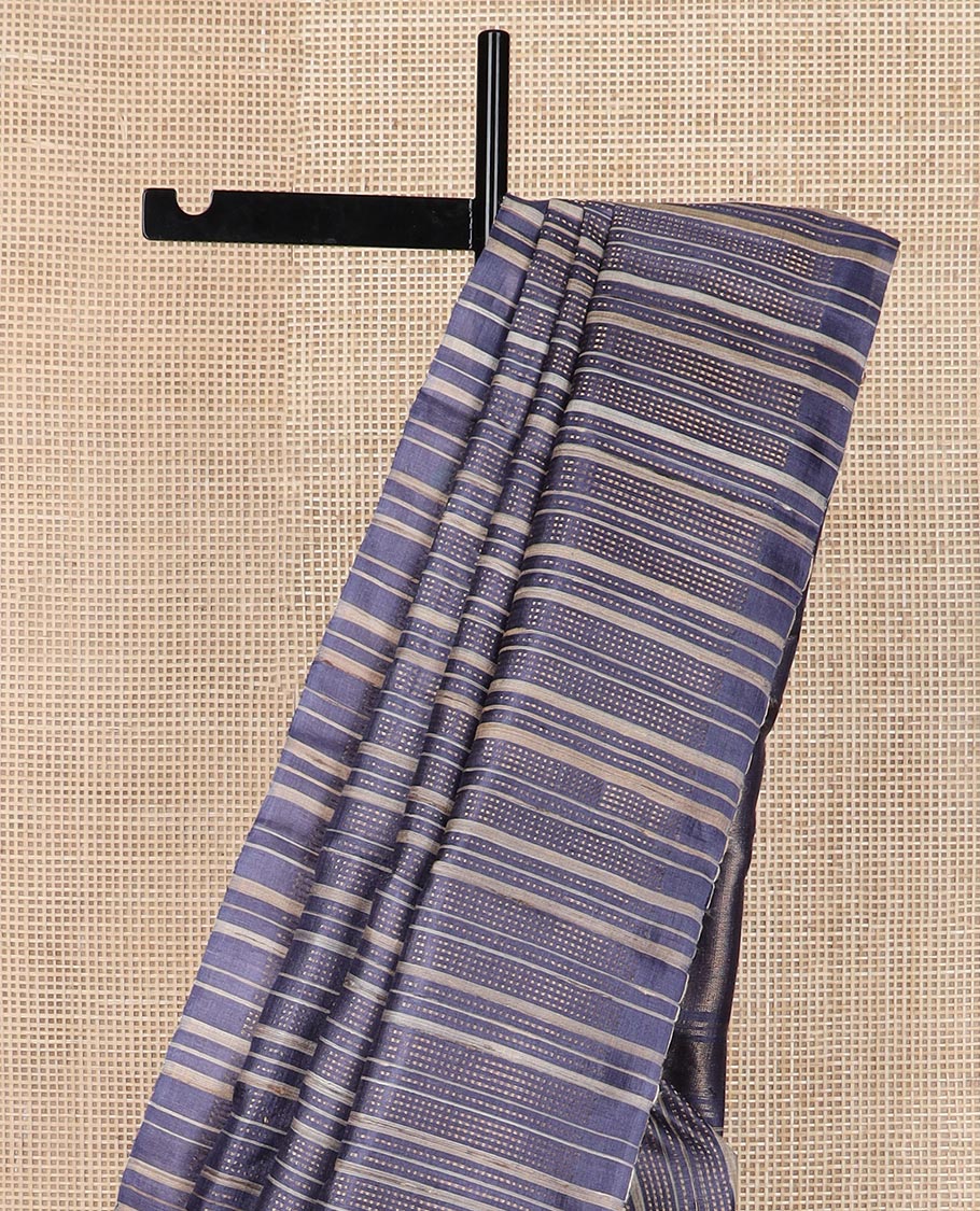 Borderless Elephant grey vertical striped tussar silk saree, temple design pallu