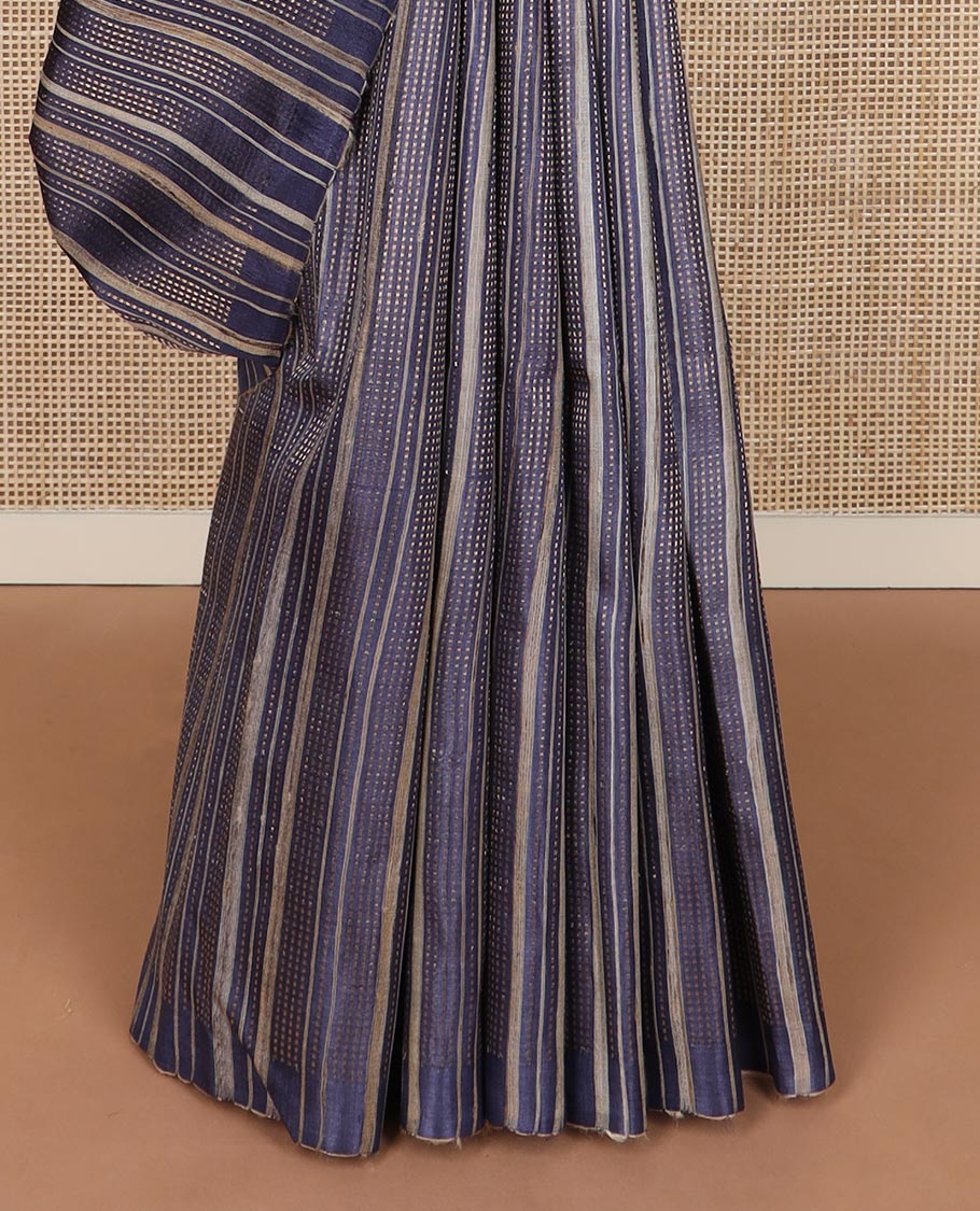 Borderless Elephant grey vertical striped tussar silk saree, temple design pallu