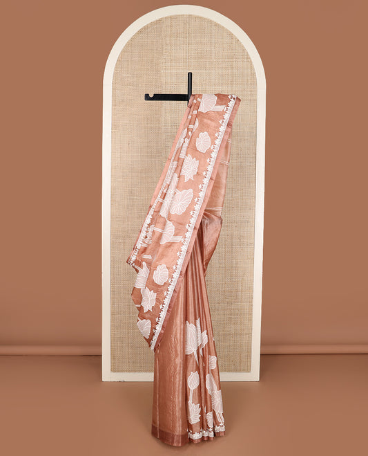 Brown lotus floral embroidered tussar saree, thread embroidered floral border