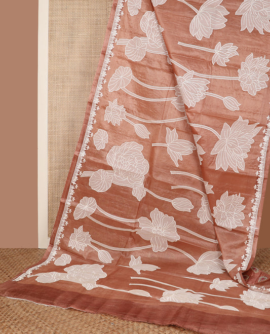 Brown lotus floral embroidered tussar saree, thread embroidered floral border