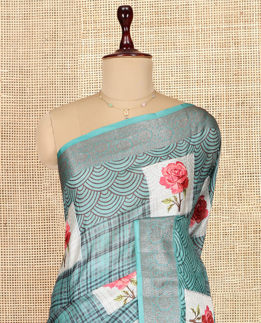 Blue Tusser Silk Saree Features Checks and Rose Buttas, a Zari Border, Grandf Pallu, and a Matching Blouse