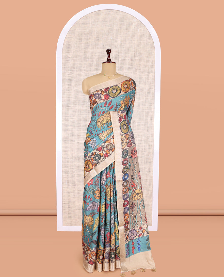Blue Kalamkari Printed Fancy Tussar Saree