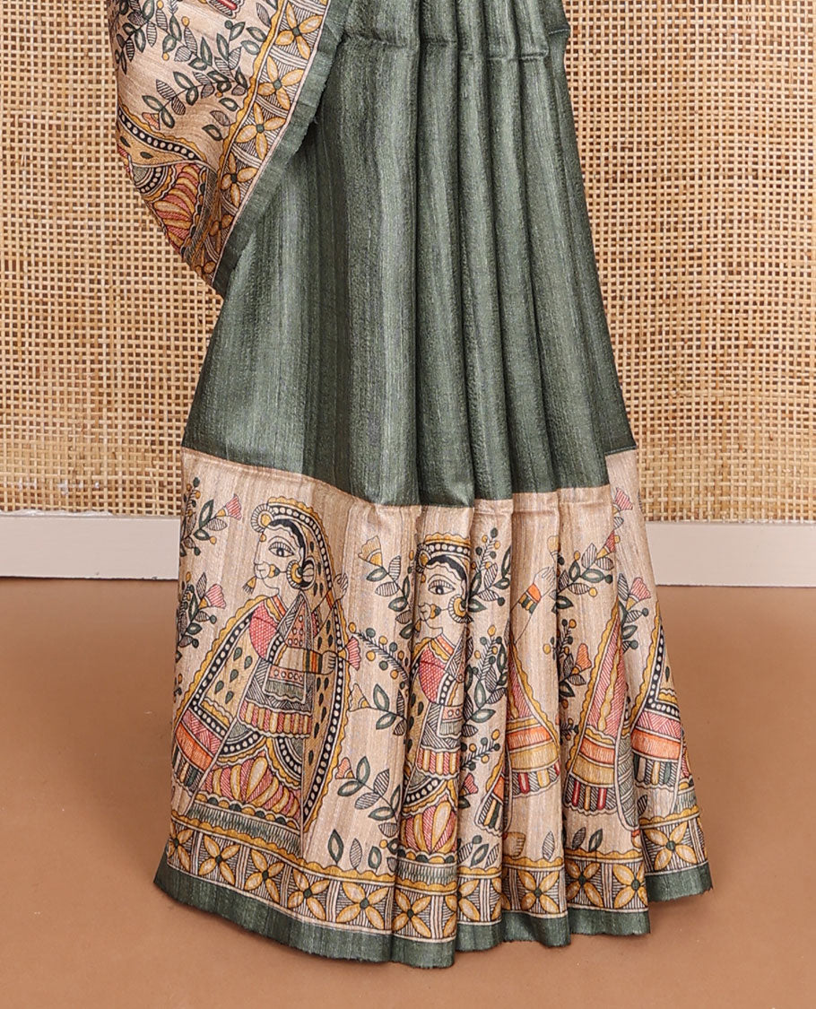 Green plain design tussar saree, contrast border & pallu features Madhubani-style human figurine print