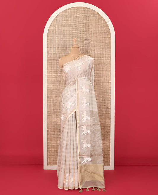 Sandal checked tussar saree, horse motifs embroidered piping border, and intricately printed pallu