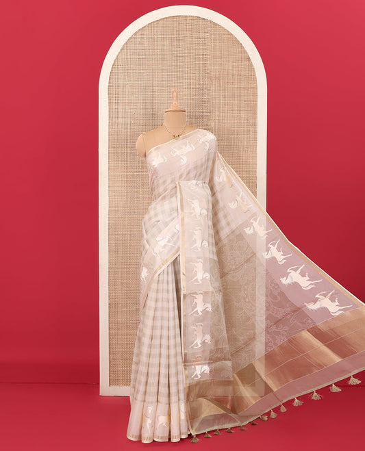 Sandal checked tussar saree, horse motifs embroidered piping border, and intricately printed pallu
